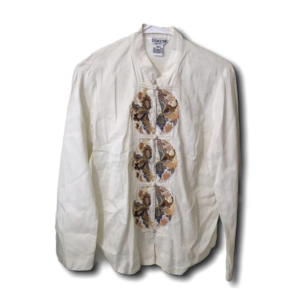 Citron Santa Monica Cream Embroidered Medallion Frog Knot Silk Linen Tunic XS